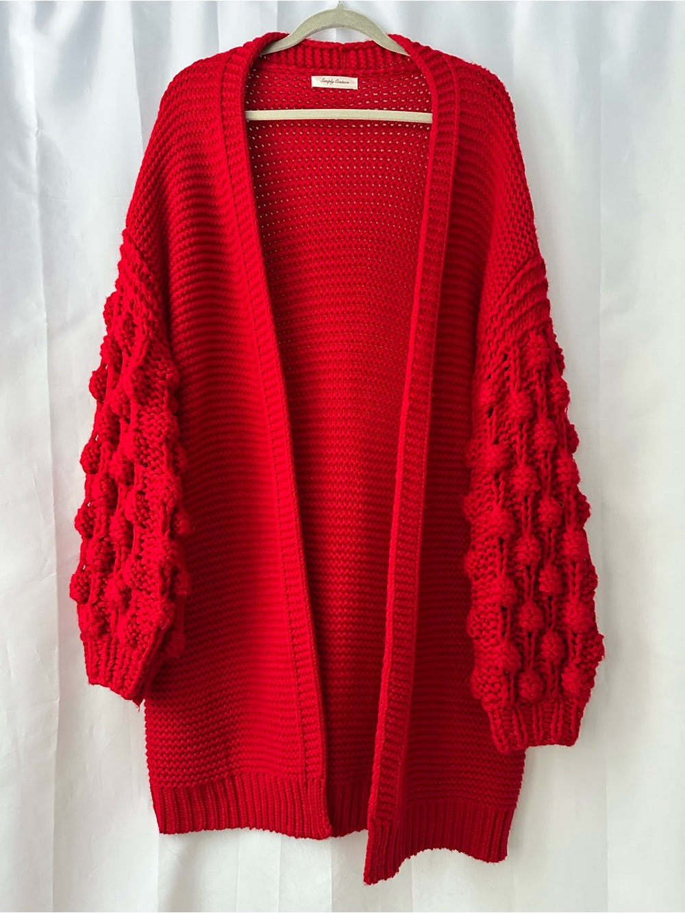 Simply Couture Red Knit Chunky Bubble Sleeve Open Cardigan Cozy Layer